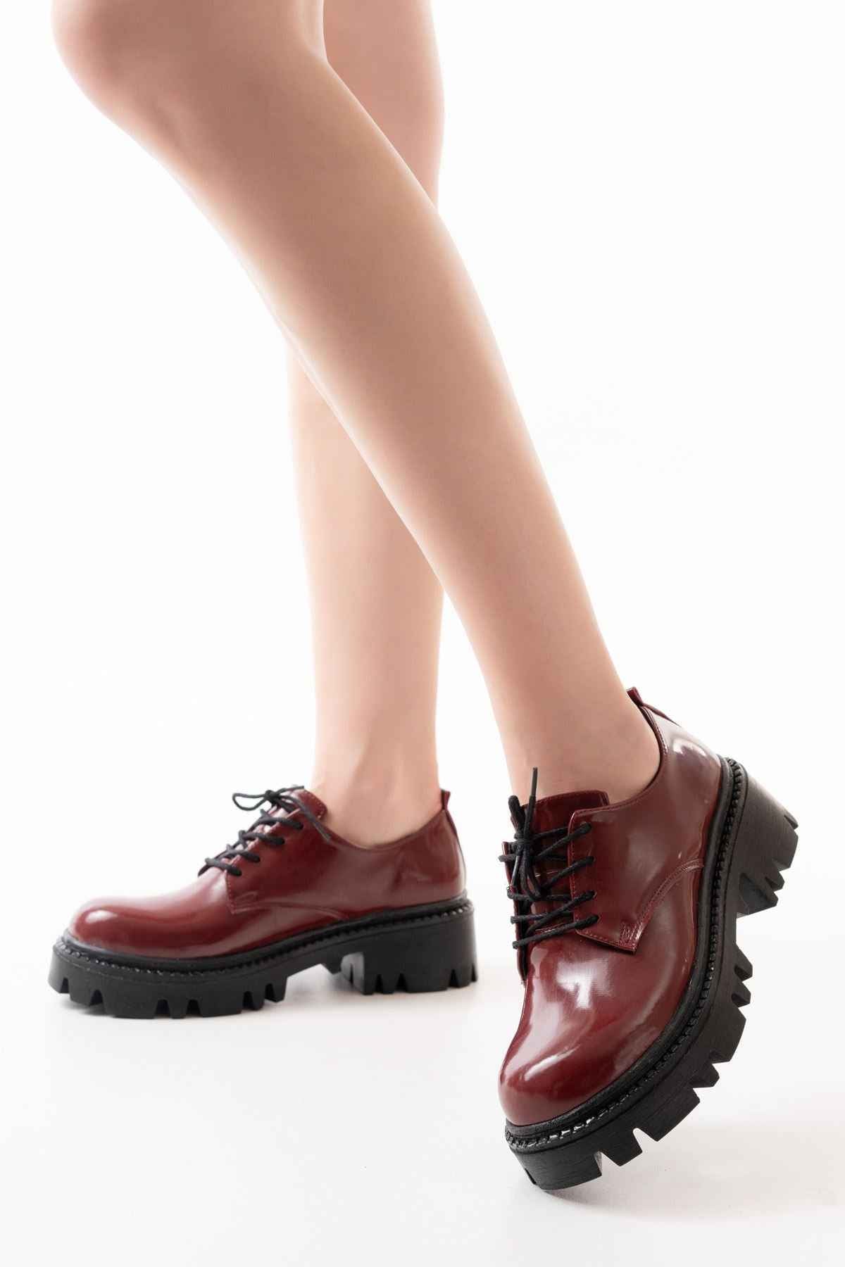 Ayakkabı Aşkı 868-754 Bordo Rugan Bağcıklı Günlük Yüksek Tabanlı Loafer Ayakkabı