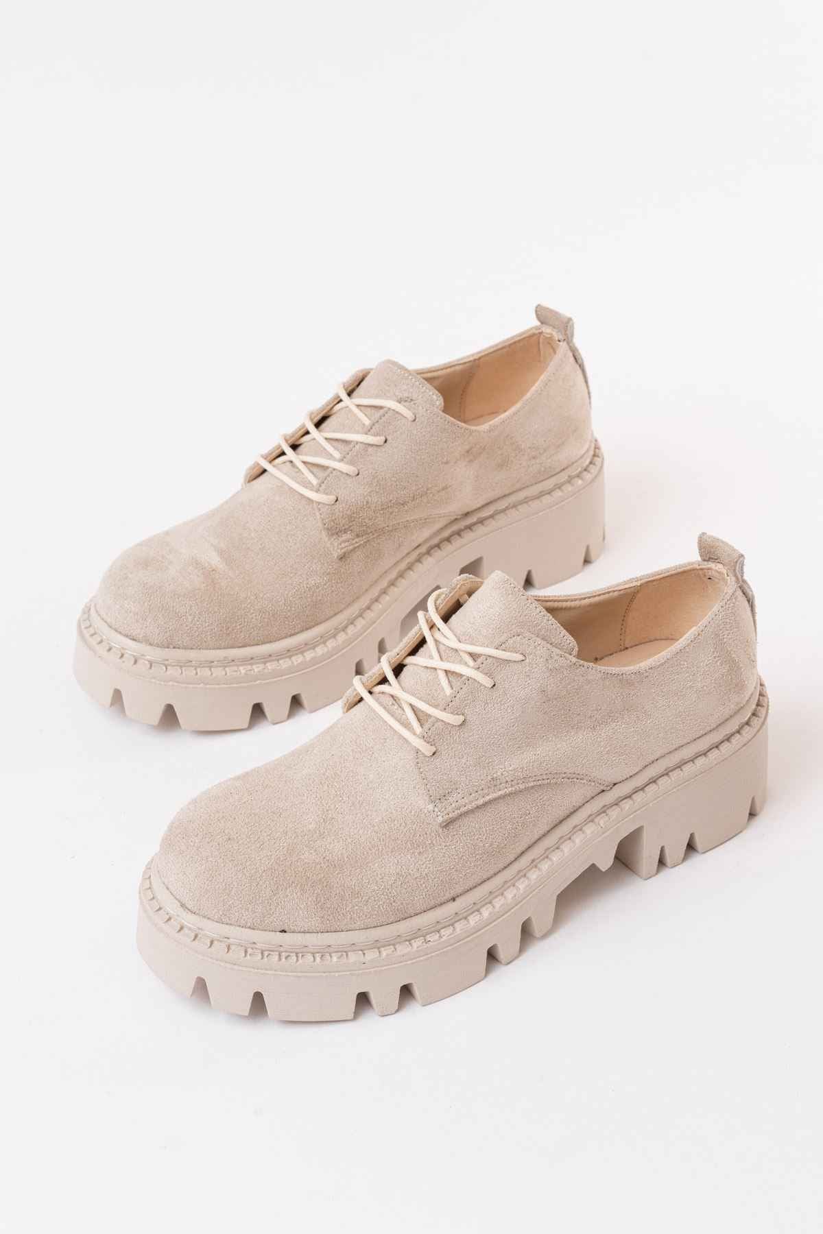 Ayakkabı Aşkı 868-754 Bej Süet Bağcıklı Günlük Yüksek Tabanlı Loafer Ayakkabı