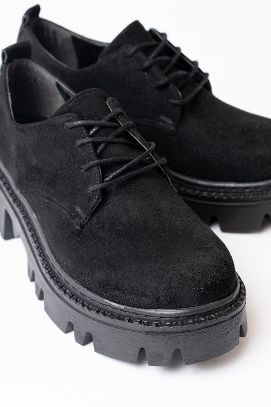Ayakkabı Aşkı Siyah Süet Bağcıklı Günlük Yüksek Tabanlı Loafer Ayakkabı