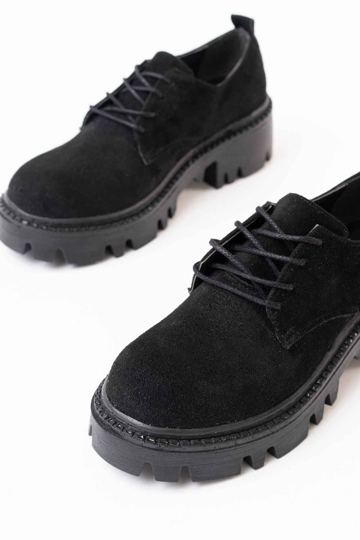 Ayakkabı Aşkı 868-754 Siyah Süet Bağcıklı Günlük Yüksek Tabanlı Loafer Ayakkabı