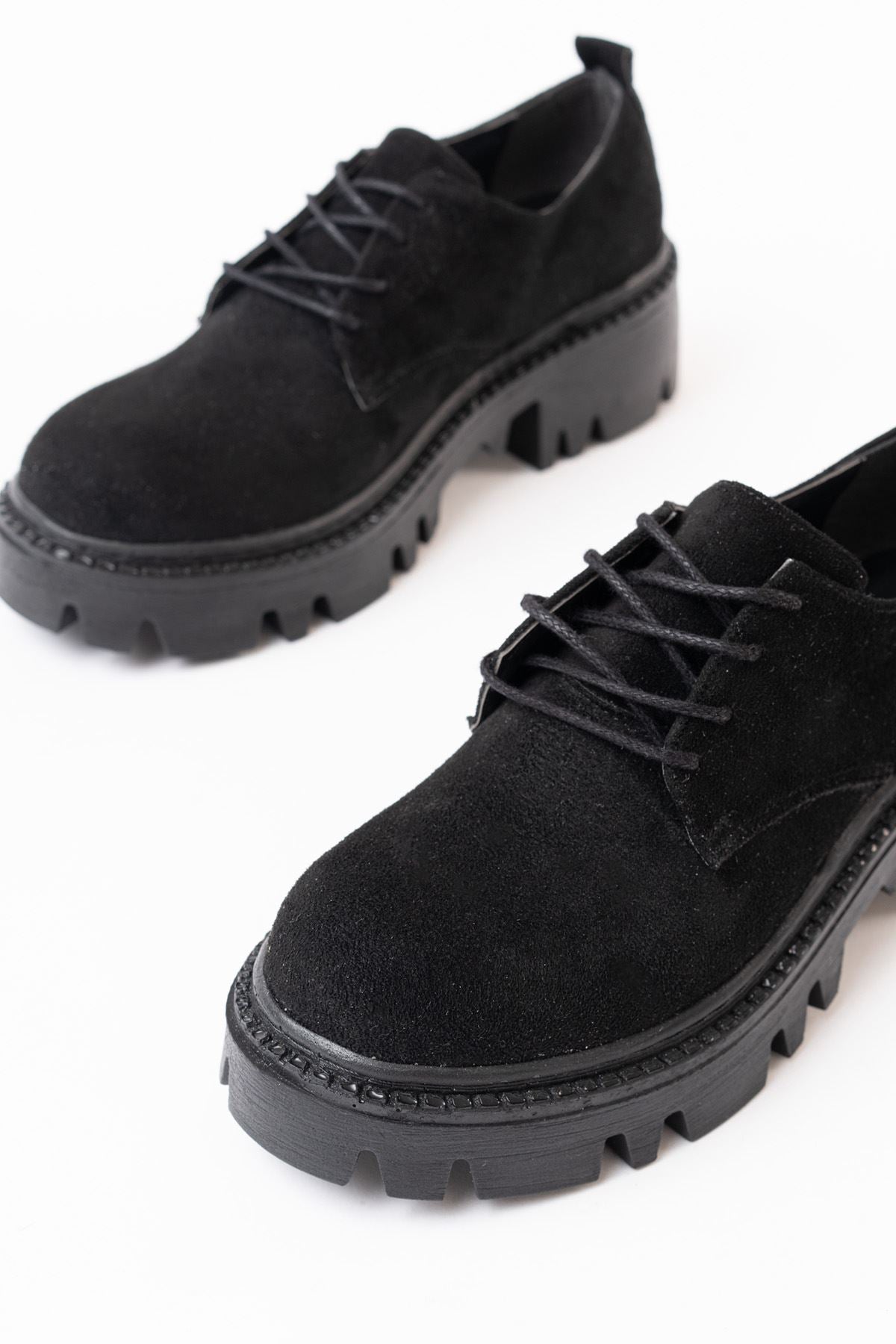 Ayakkabı Aşkı Siyah Süet Bağcıklı Günlük Yüksek Tabanlı Loafer Ayakkabı