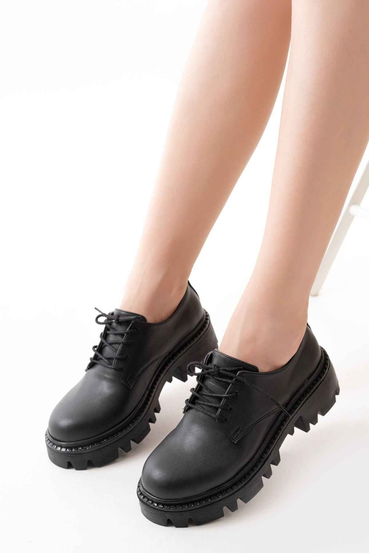 Ayakkabı Aşkı 868-754 Siyah Bağcıklı Günlük Yüksek Tabanlı Loafer Ayakkabı
