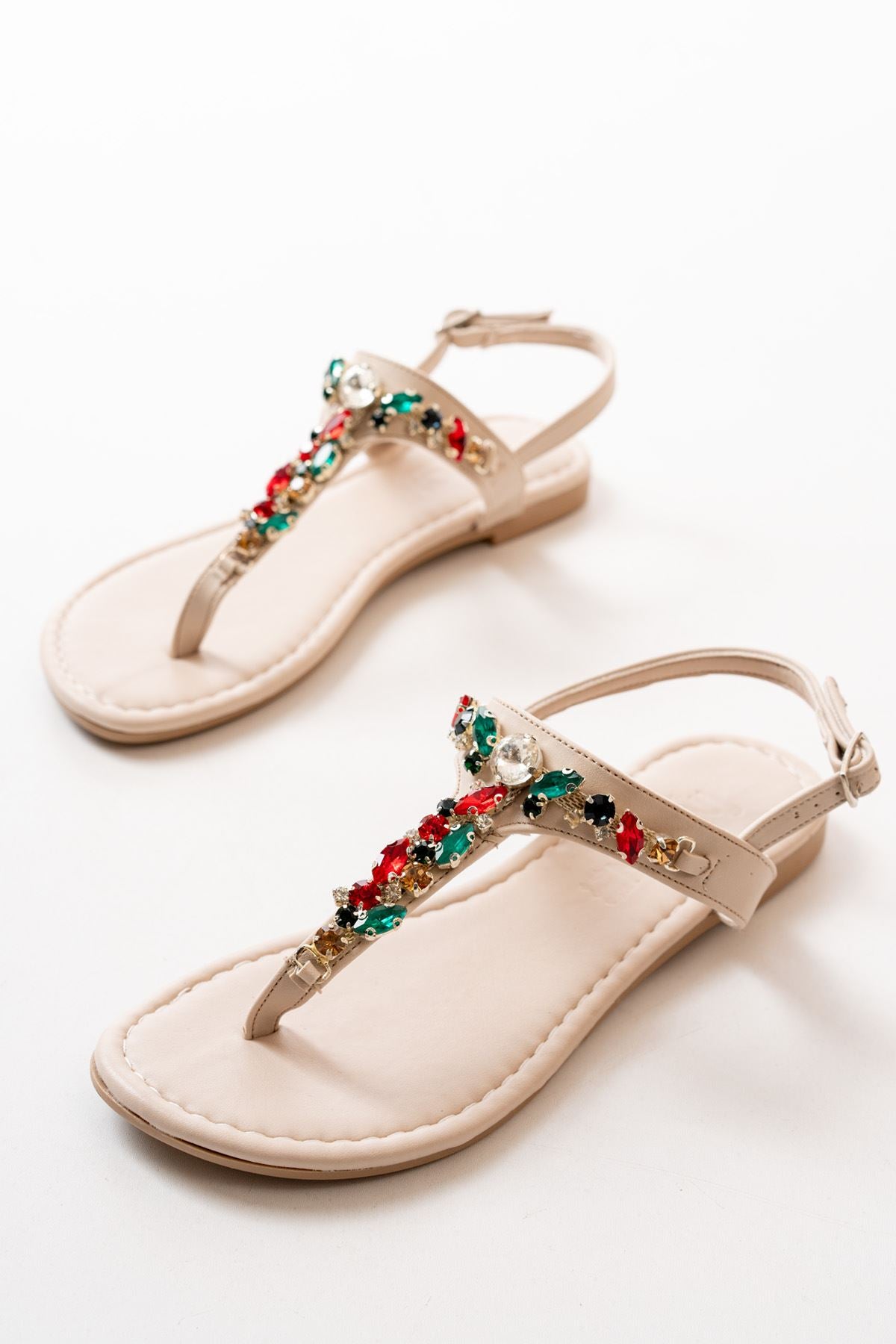 Ayakkabı Aşkı Bej Multi Taşlı Parmak Arası Kadın Sandalet - Ayakkabı Aşkı
