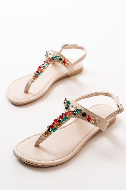152-1110 Bej Multi Taşlı Parmak Arası Kadın Sandalet - Vizon
