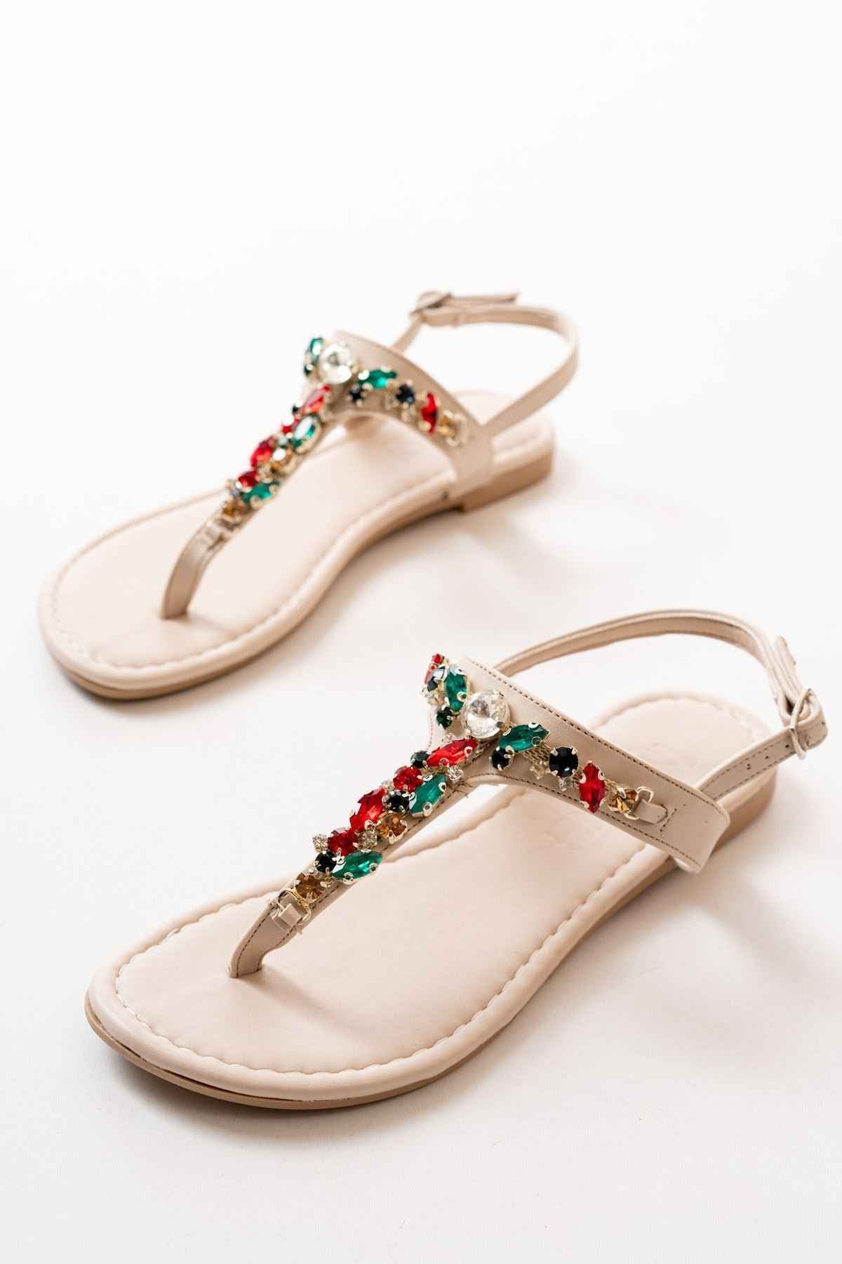 Ayakkabı Aşkı 152-1110 Bej Multi Taşlı Parmak Arası Kadın Sandalet