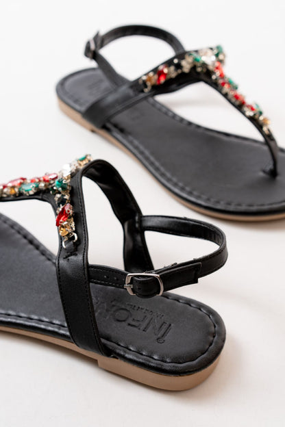 Ayakkabı Aşkı Siyah Multi Taşlı Parmak Arası Kadın Sandalet