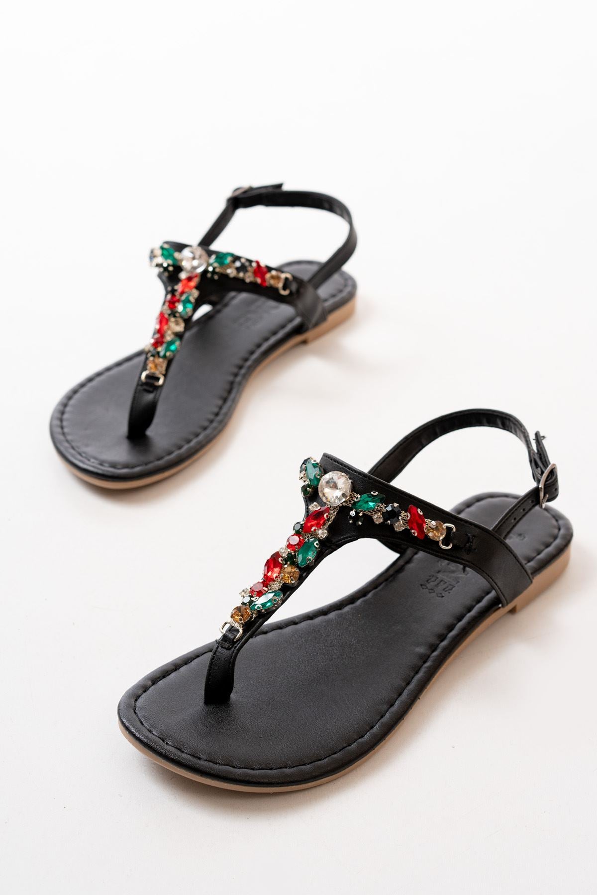 Ayakkabı Aşkı Siyah Multi Taşlı Parmak Arası Kadın Sandalet