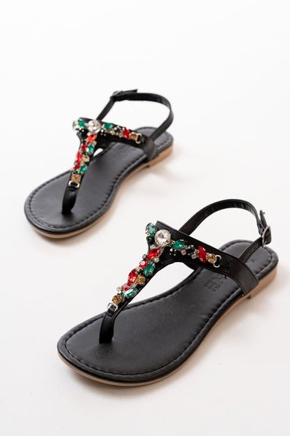 Ayakkabı Aşkı Siyah Multi Taşlı Parmak Arası Kadın Sandalet