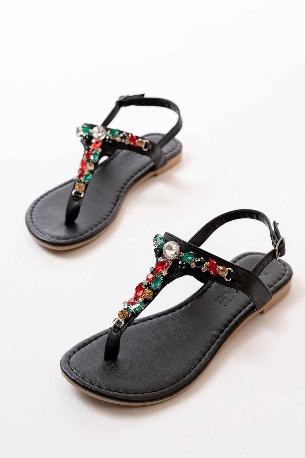Ayakkabı Aşkı 152-1110 Siyah Multi Taşlı Parmak Arası Kadın Sandalet