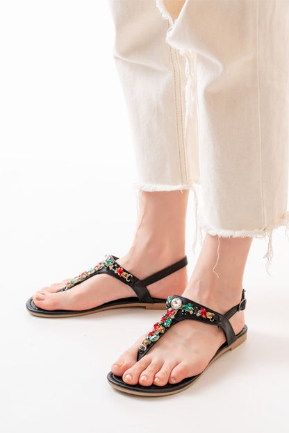 Ayakkabı Aşkı Siyah Multi Taşlı Parmak Arası Kadın Sandalet
