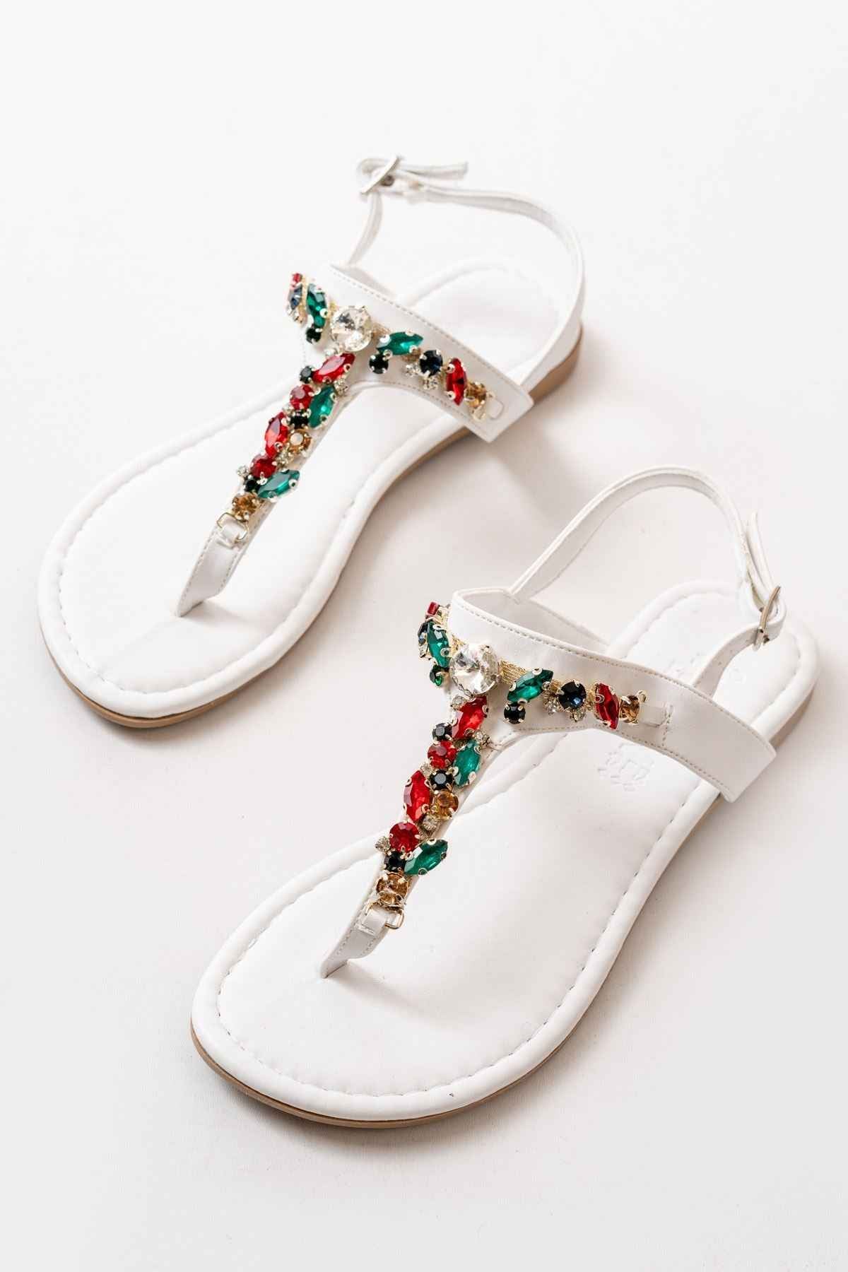 Ayakkabı Aşkı 152-1110 Beyaz Multi Taşlı Parmak Arası Kadın Sandalet