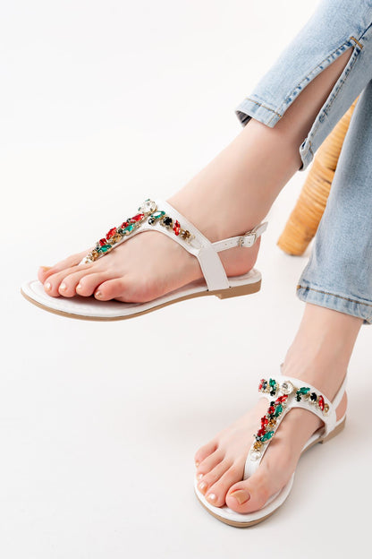 152-1110 Beyaz Multi Taşlı Parmak Arası Kadın Sandalet - Beyaz