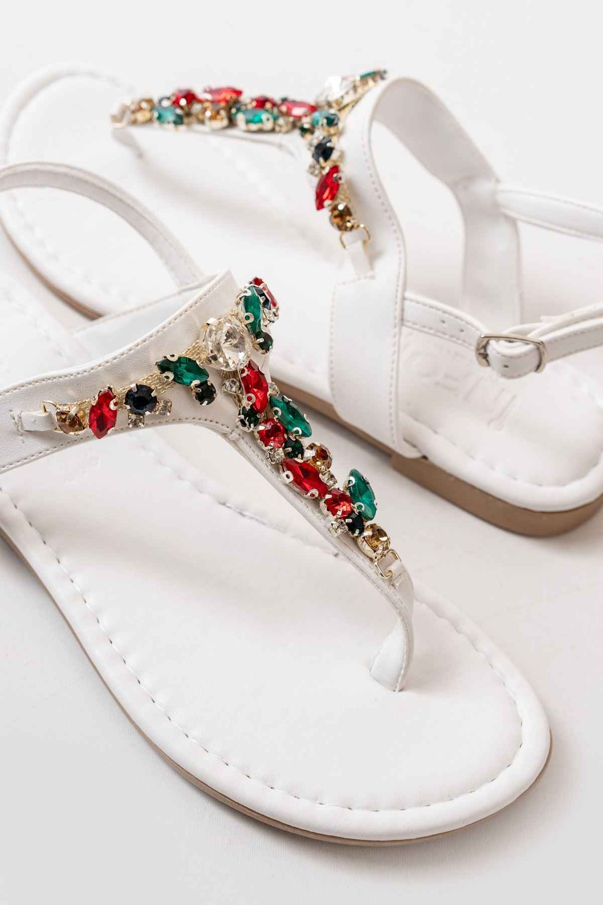 Ayakkabı Aşkı 152-1110 Beyaz Multi Taşlı Parmak Arası Kadın Sandalet