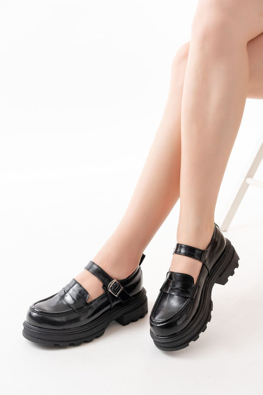 745-771 Siyah Rugan Günlük Yüksek Tabanlı Loafer Ayakkabı - Siyah