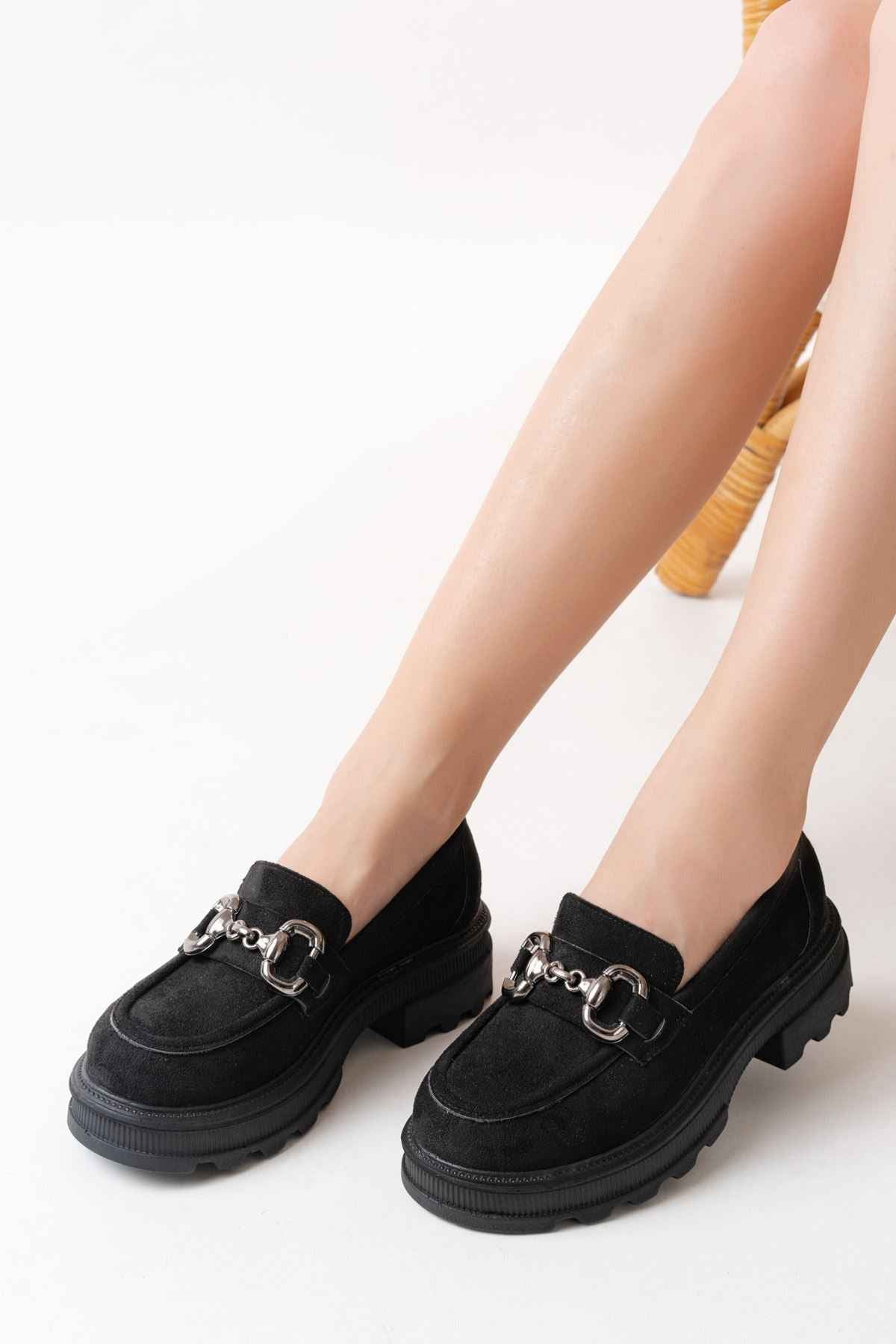 Ayakkabı Aşkı 745-773 Siyah Süet Günlük Yüksek Tabanlı Loafer Ayakkabı