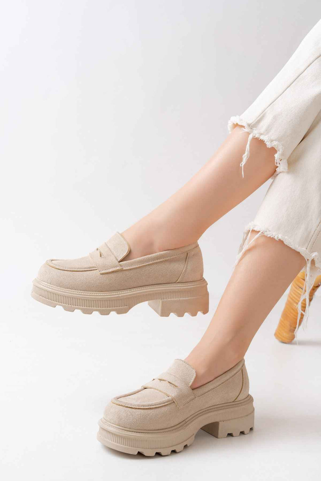 Ayakkabı Aşkı 746-759 Bej Süet Günlük Yüksek Tabanlı Loafer Ayakkabı