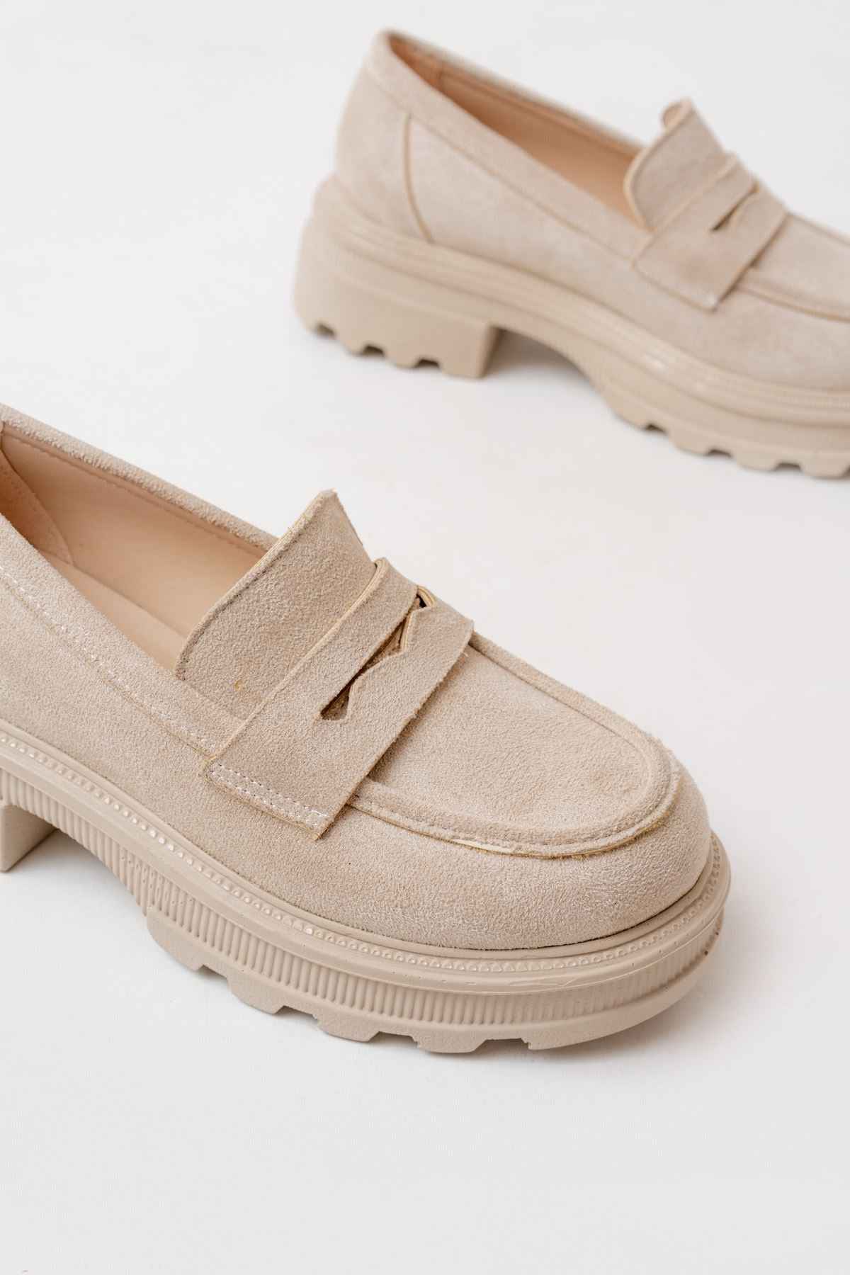 Ayakkabı Aşkı 746-759 Bej Süet Günlük Yüksek Tabanlı Loafer Ayakkabı