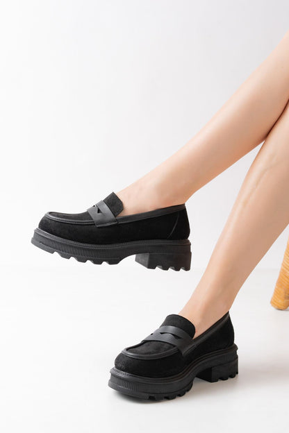 Ayakkabı Aşkı Siyah Süet Günlük Yüksek Tabanlı Loafer Ayakkabı