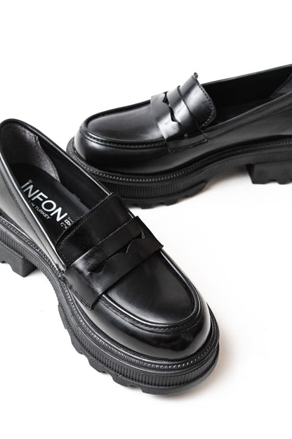 746-759 Siyah Rugan Günlük Yüksek Tabanlı Loafer Ayakkabı - Siyah Rugan