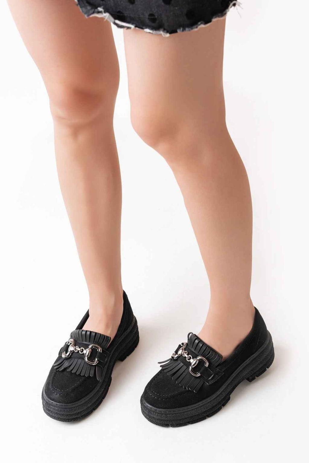 Ayakkabı Aşkı 749-750 Siyah Süet Tokalı Günlük Yüksek Tabanlı Loafer Ayakkabı