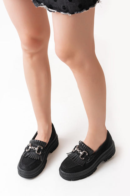 Ayakkabı Aşkı Siyah Süet Tokalı Günlük Yüksek Tabanlı Loafer Ayakkabı