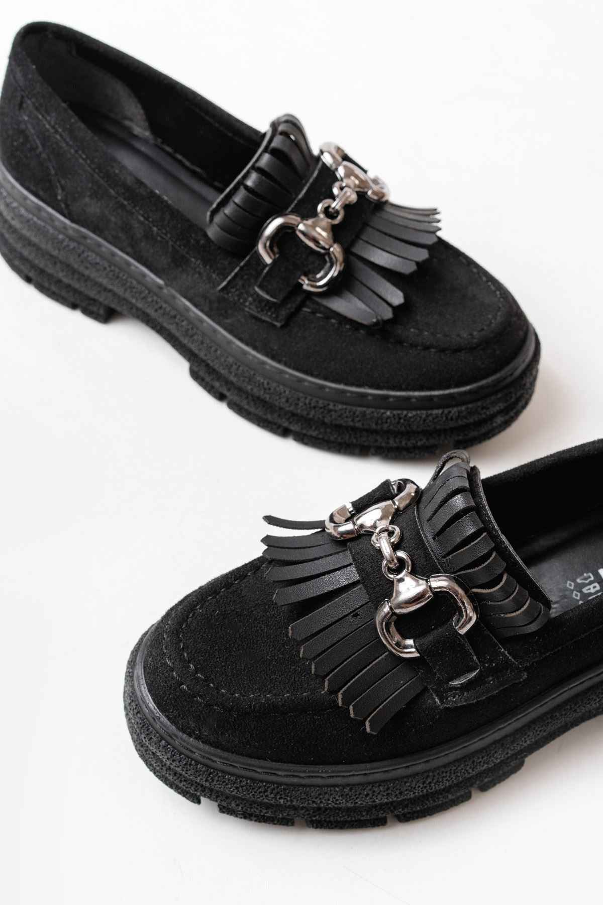 Ayakkabı Aşkı 749-750 Siyah Süet Tokalı Günlük Yüksek Tabanlı Loafer Ayakkabı