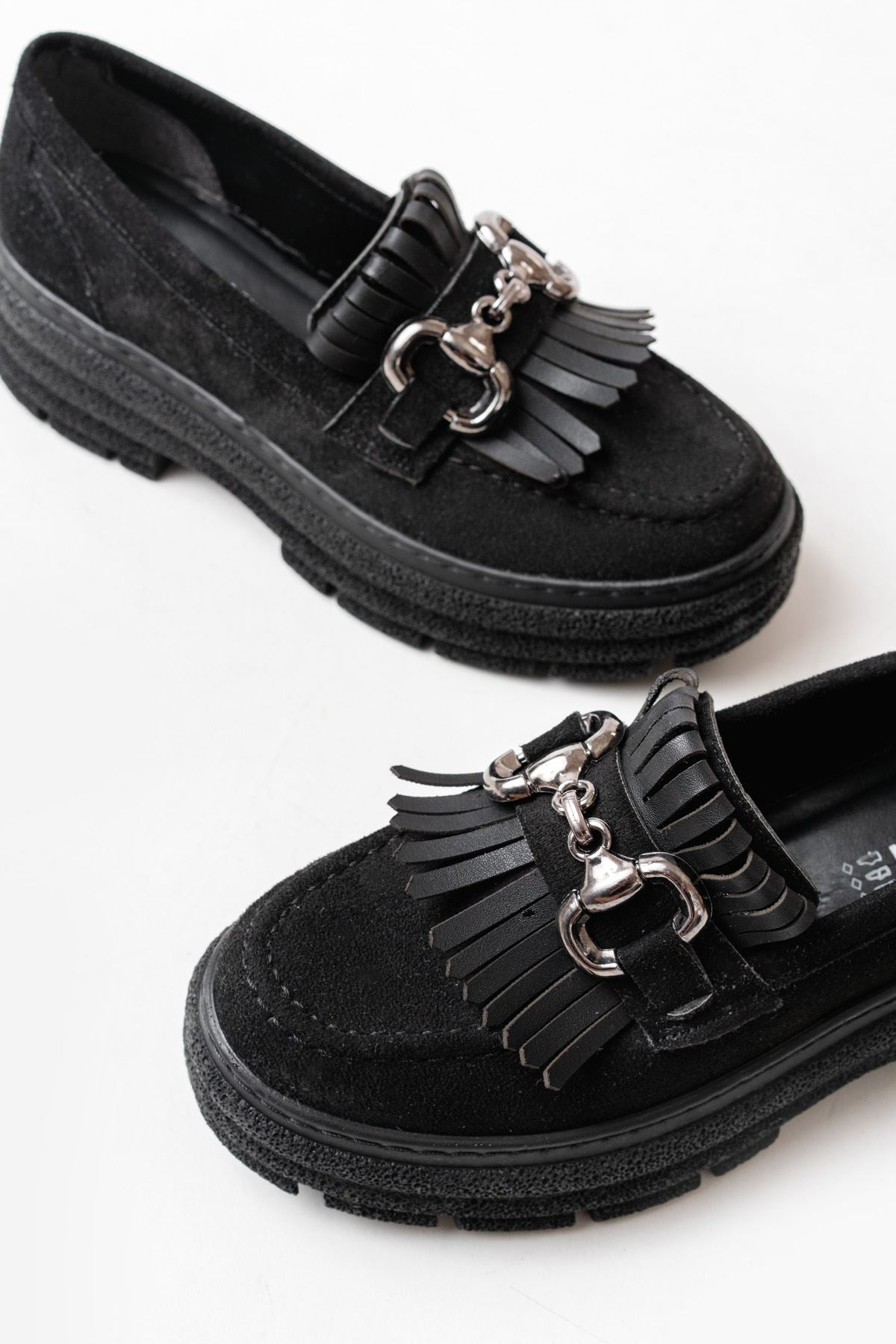 Ayakkabı Aşkı Siyah Süet Tokalı Günlük Yüksek Tabanlı Loafer Ayakkabı