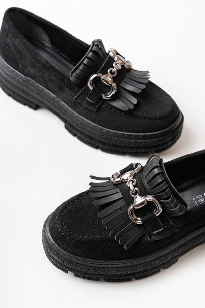 Ayakkabı Aşkı Siyah Süet Tokalı Günlük Yüksek Tabanlı Loafer Ayakkabı