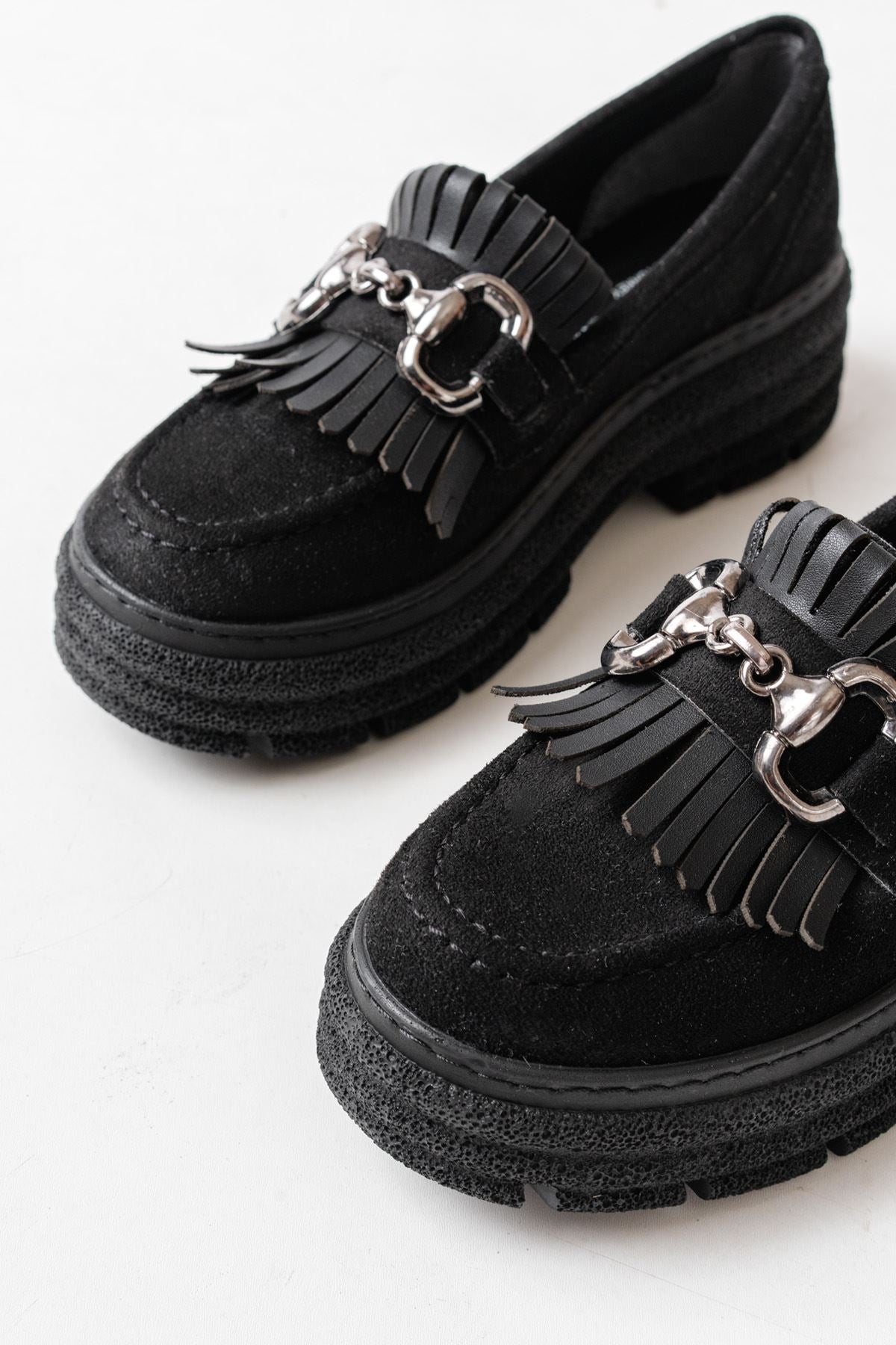 Ayakkabı Aşkı Siyah Süet Tokalı Günlük Yüksek Tabanlı Loafer Ayakkabı