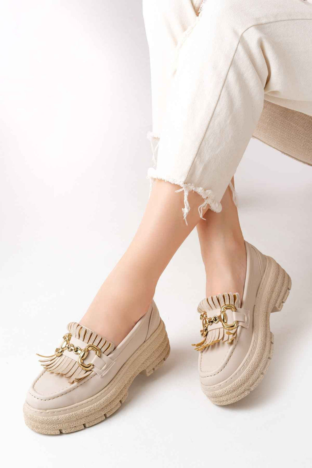 Ayakkabı Aşkı 749-750 Bej Tokalı Günlük Yüksek Tabanlı Loafer Ayakkabı