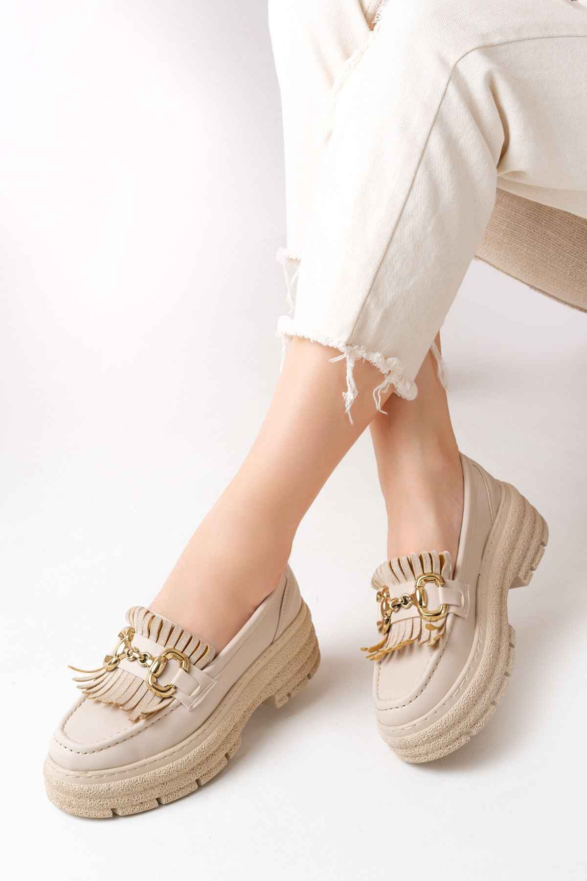 Ayakkabı Aşkı 749-750 Bej Tokalı Günlük Yüksek Tabanlı Loafer Ayakkabı