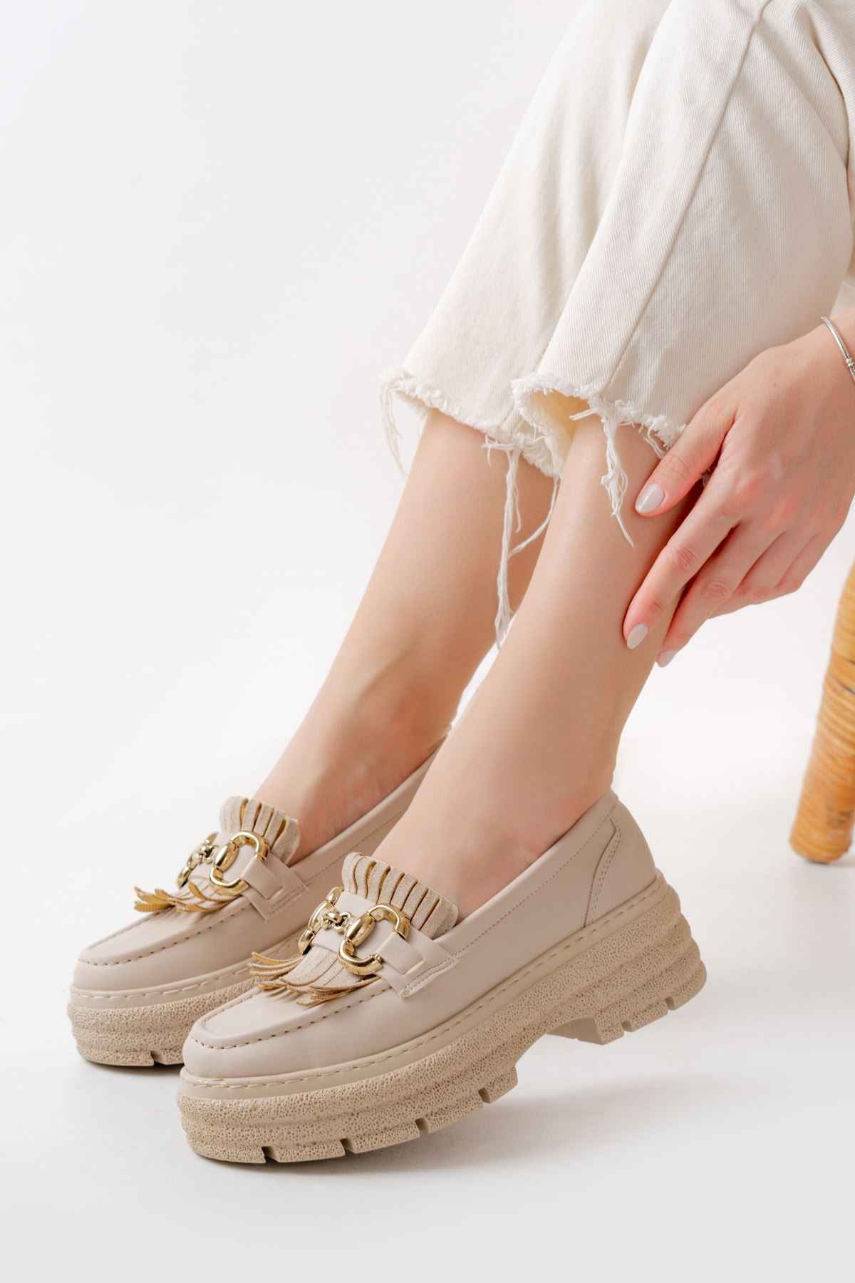 Ayakkabı Aşkı 749-750 Bej Tokalı Günlük Yüksek Tabanlı Loafer Ayakkabı