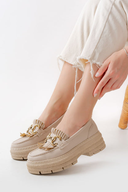 Ayakkabı Aşkı Bej Tokalı Günlük Yüksek Tabanlı Loafer Ayakkabı