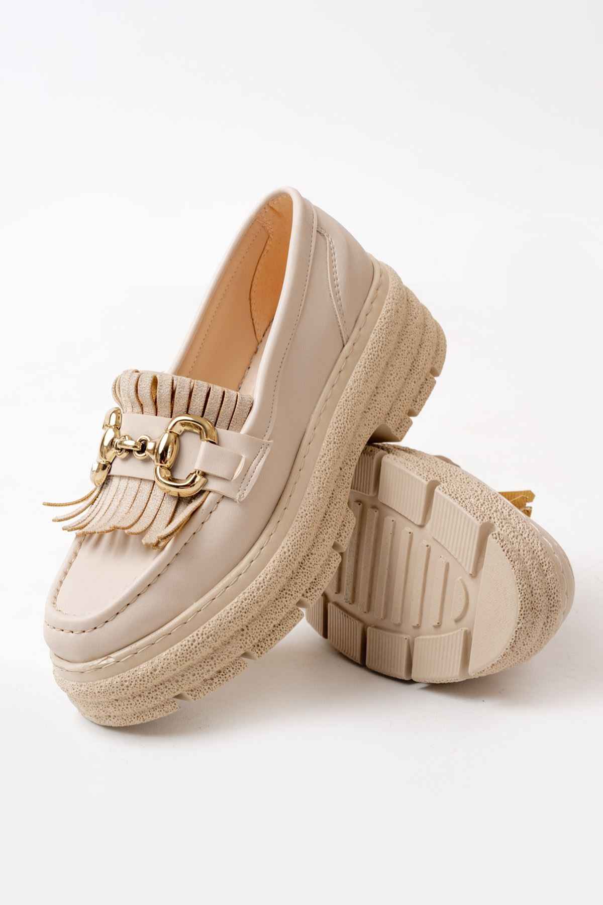 Ayakkabı Aşkı 749-750 Bej Tokalı Günlük Yüksek Tabanlı Loafer Ayakkabı