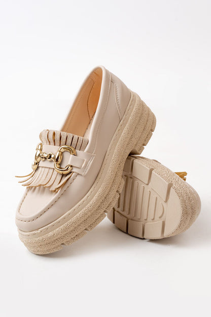 Ayakkabı Aşkı Bej Tokalı Günlük Yüksek Tabanlı Loafer Ayakkabı