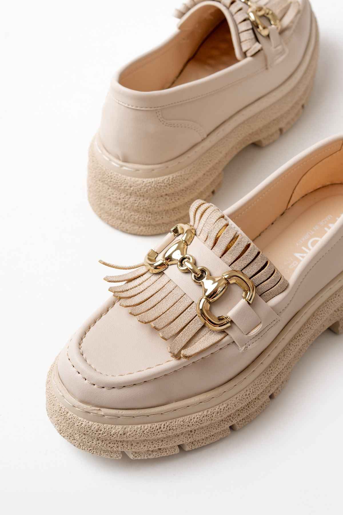 Ayakkabı Aşkı 749-750 Bej Tokalı Günlük Yüksek Tabanlı Loafer Ayakkabı