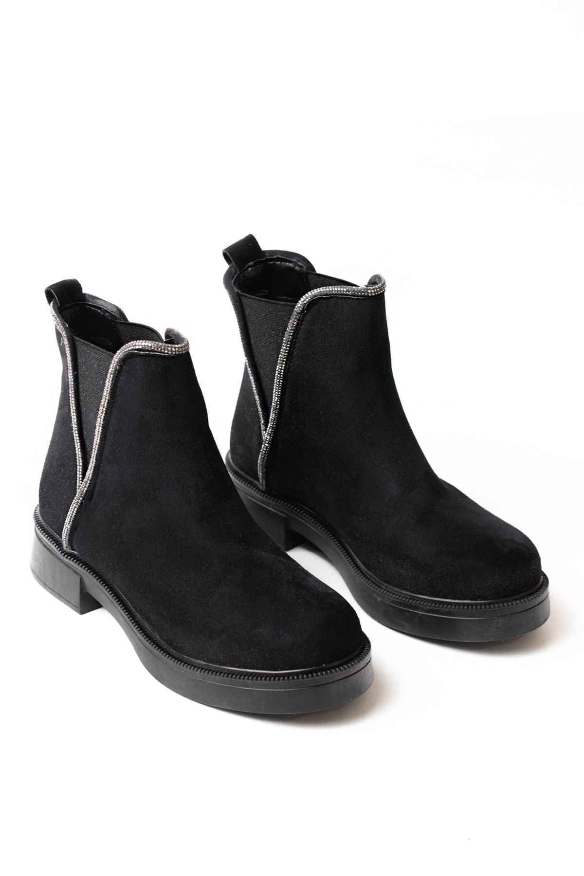 Ayakkabı Aşkı 02-02 Siyah Süet Taş Aksesuarlı Lastikli Günlük Kadın Bot