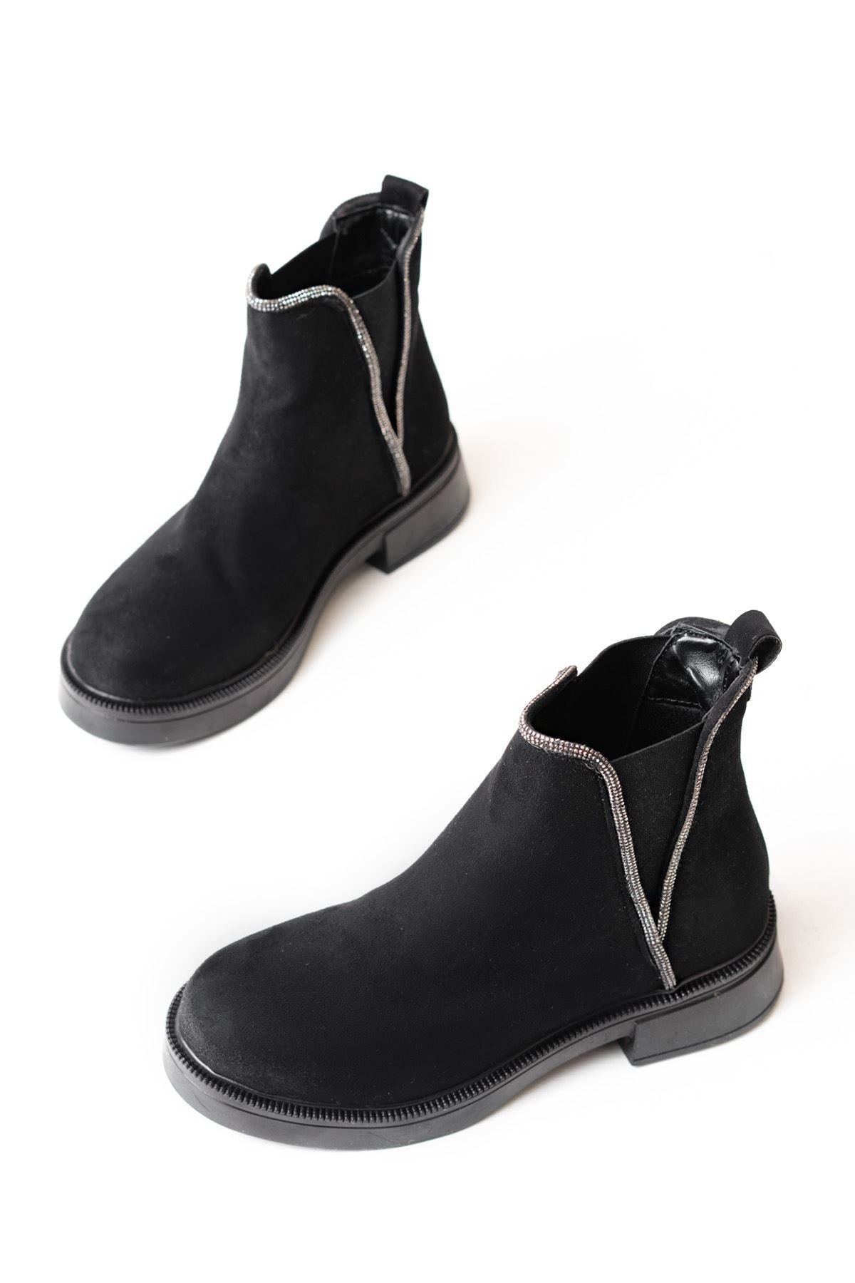 Ayakkabı Aşkı Siyah Süet Taş Aksesuarlı Lastikli Günlük Kadın Bot