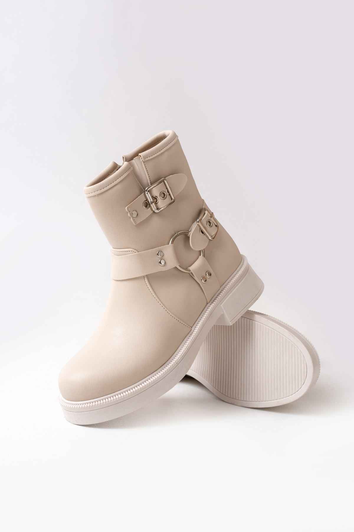 Ayakkabı Aşkı 02-2013 Bej Toka Aksesuarlı Fermuarlı Günlük Kadın Bot