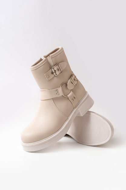 02-2013 Bej Toka Aksesuarlı Fermuarlı Günlük Kadın Bot - Bej