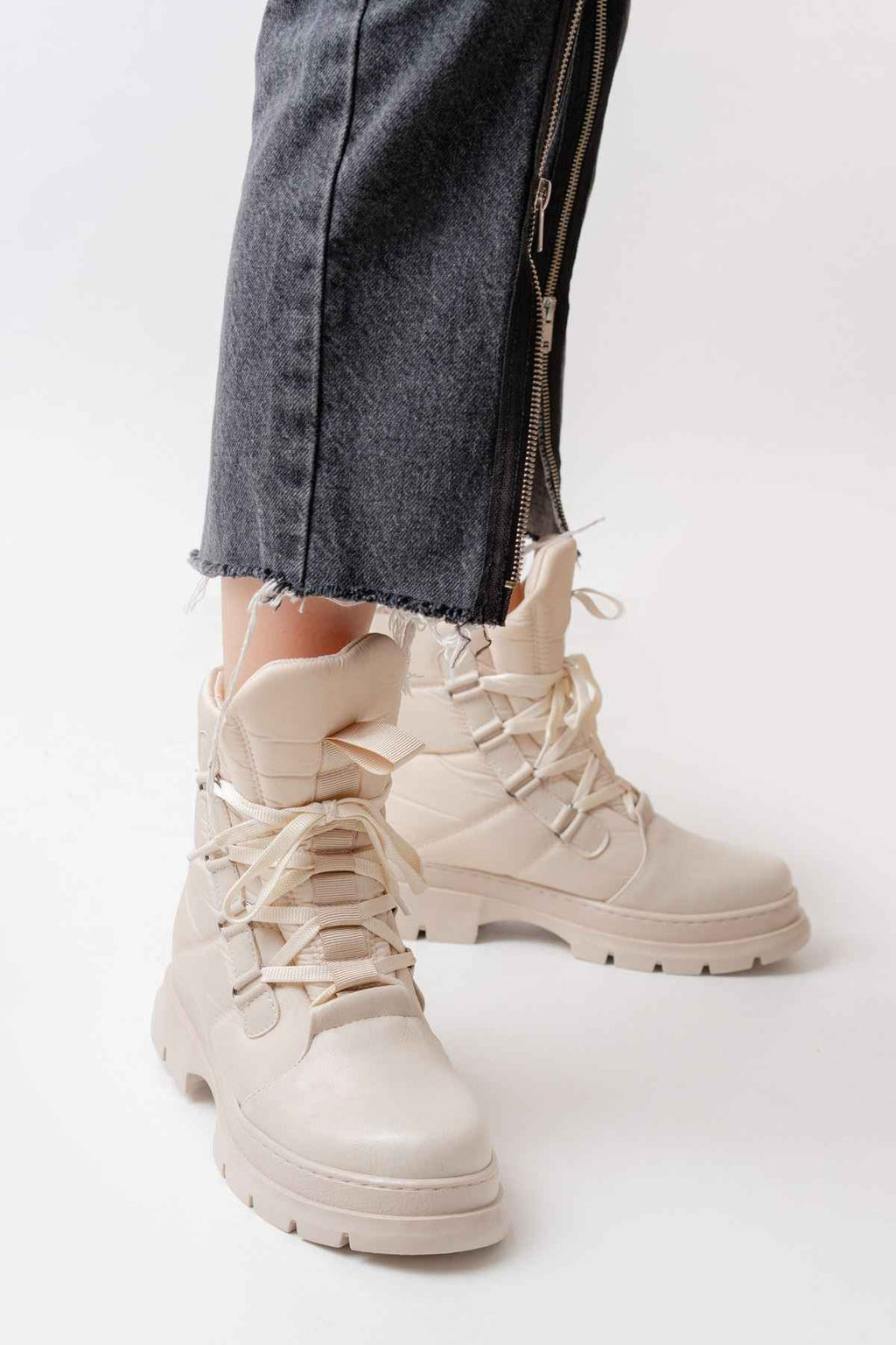 Ayakkabı Aşkı Asm-083 Bej Bağcıklı Su Geçirmez Kadın Kar Botu