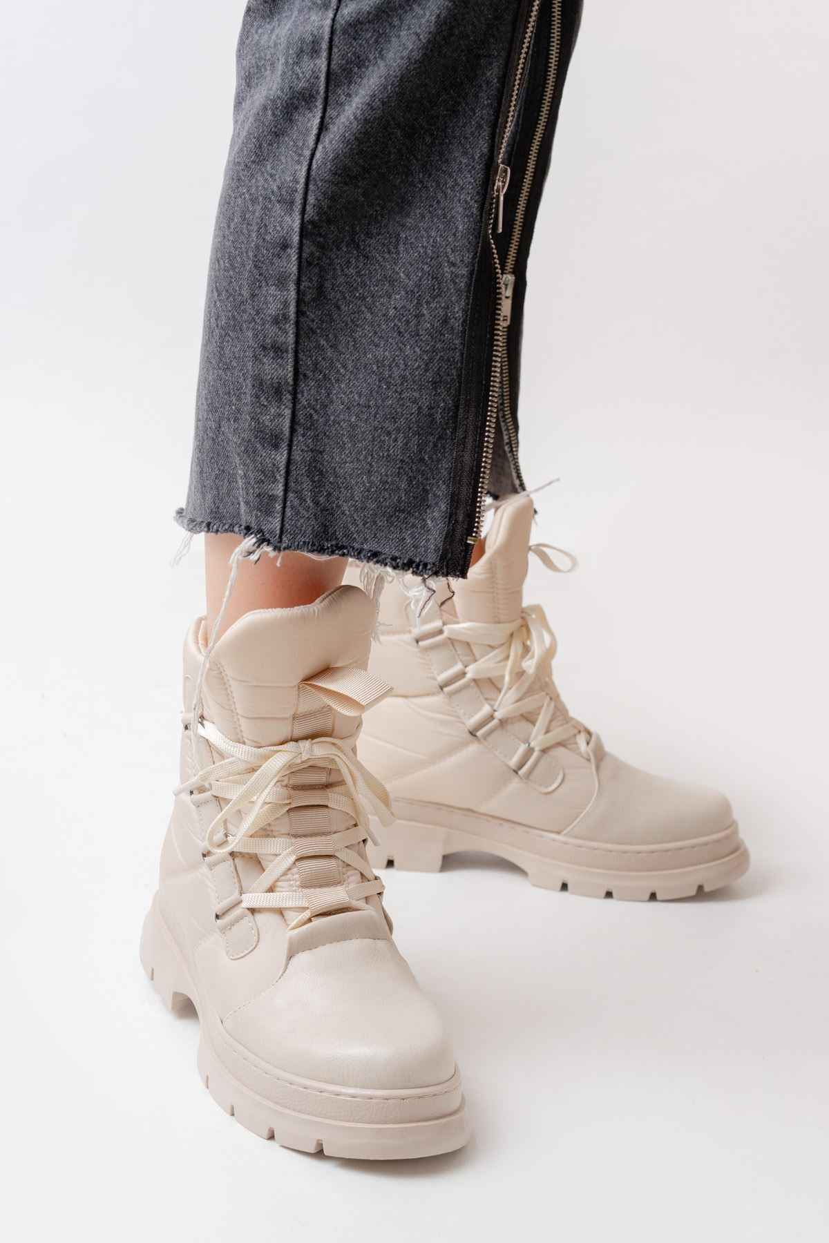 Ayakkabı Aşkı Asm-083 Bej Bağcıklı Su Geçirmez Kadın Kar Botu