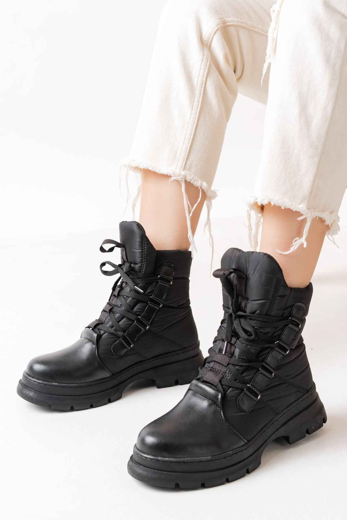 Ayakkabı Aşkı Asm-083 Siyah Bağcıklı Su Geçirmez Kadın Kar Botu