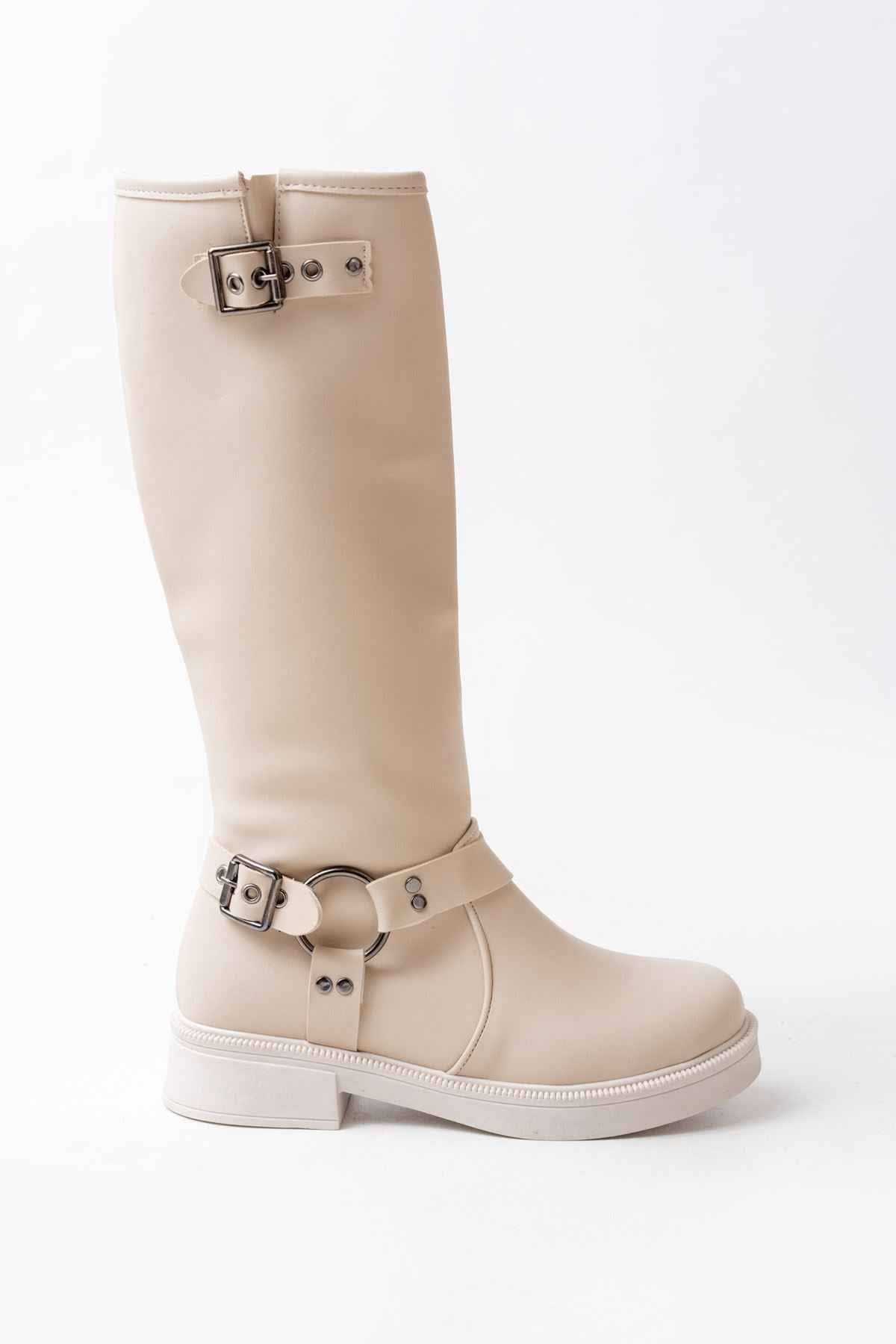 Ayakkabı Aşkı 02-312 Bej Toka Aksesuarlı Fermuarlı Günlük Kadın Çizme