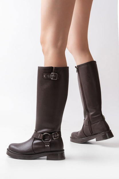 Ayakkabı Aşkı Kahverengi Toka Aksesuarlı Fermuarlı Günlük Kadın Çizme