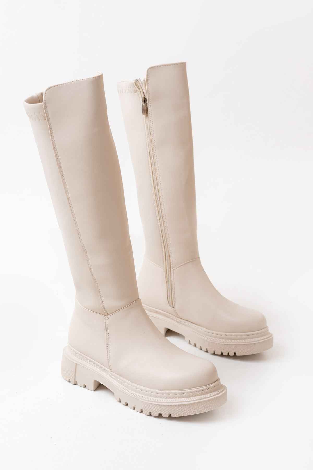 Ayakkabı Aşkı 812-305 Bej Arkası Streç Fermuarlı Günlük Kadın Çizme