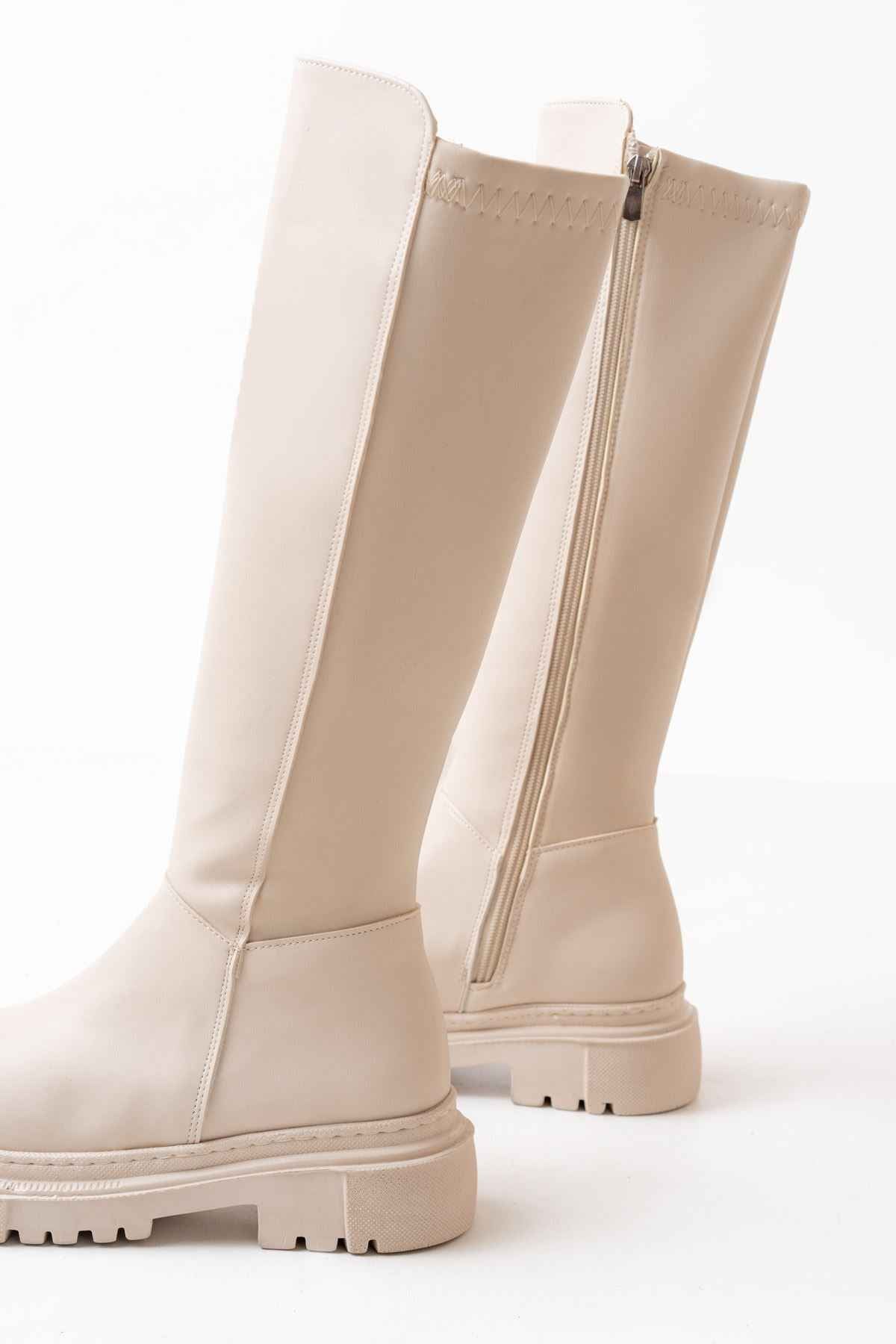 Ayakkabı Aşkı 812-305 Bej Arkası Streç Fermuarlı Günlük Kadın Çizme