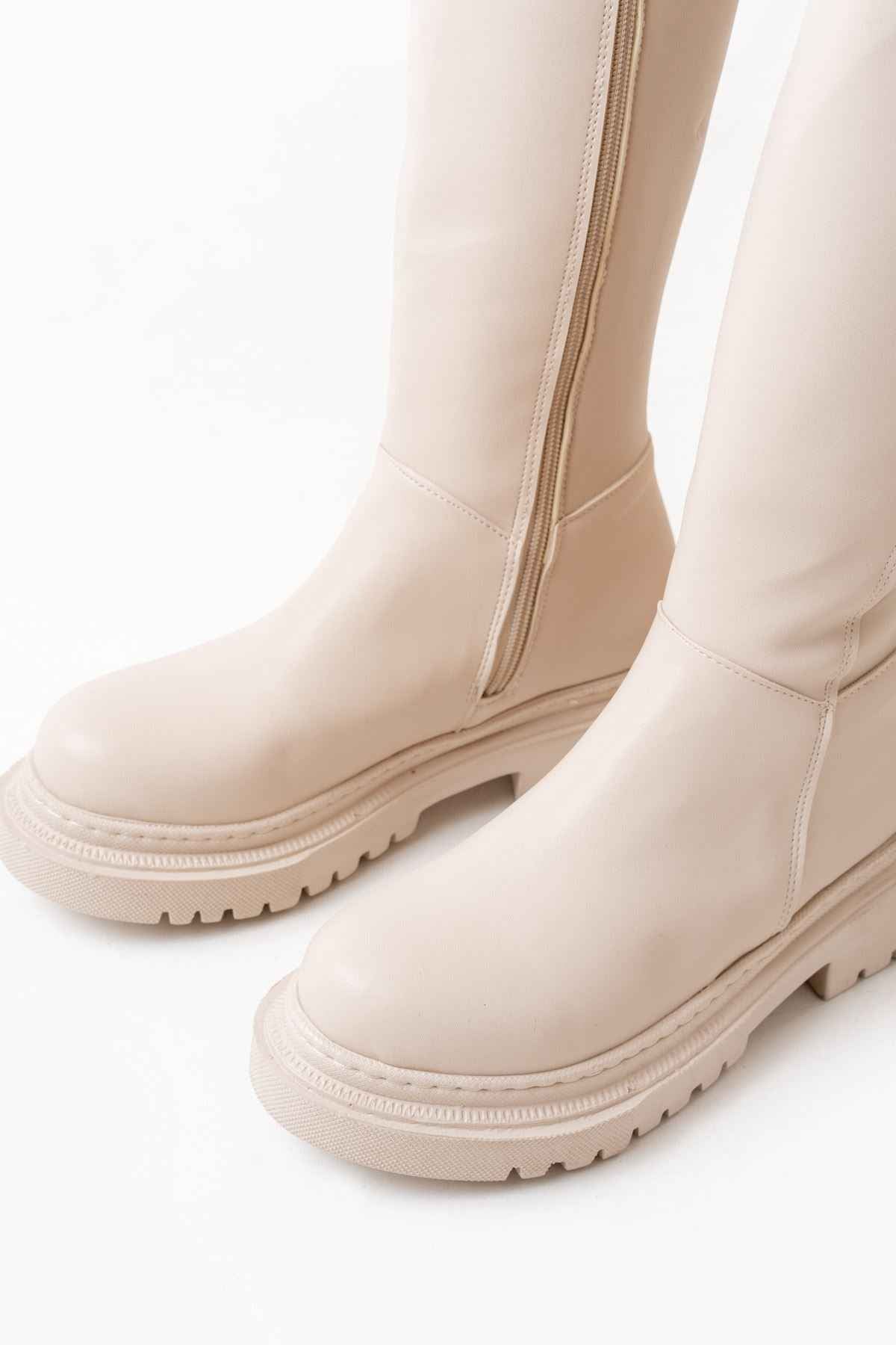 Ayakkabı Aşkı 812-305 Bej Arkası Streç Fermuarlı Günlük Kadın Çizme