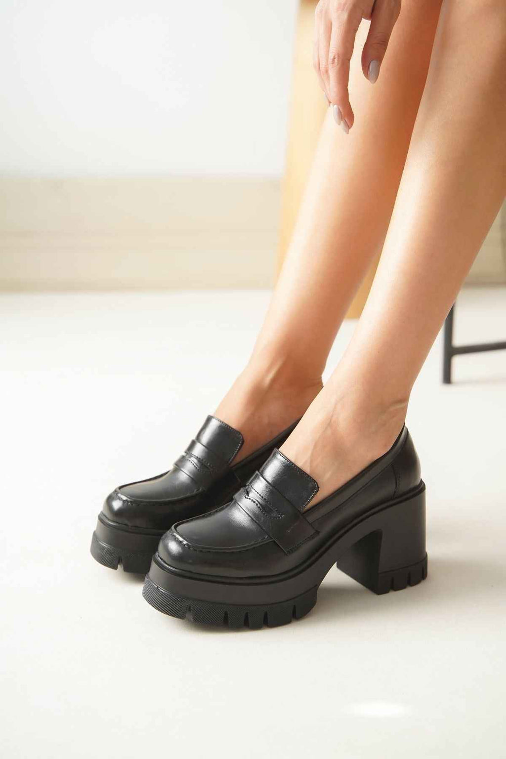 Ayakkabı Aşkı Nvl-506 Siyah Günlük Yüksek Topuklu Platform Loafer Kadın Ayakkabı
