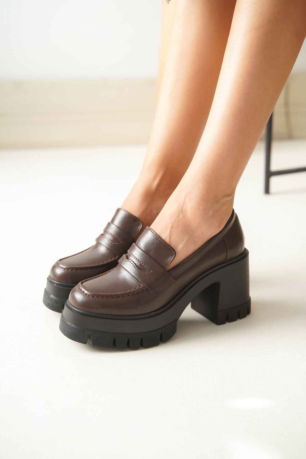Ayakkabı Aşkı Nvl-506 Kahverengi Günlük Yüksek Topuklu Platform Loafer Kadın Ayakkabı